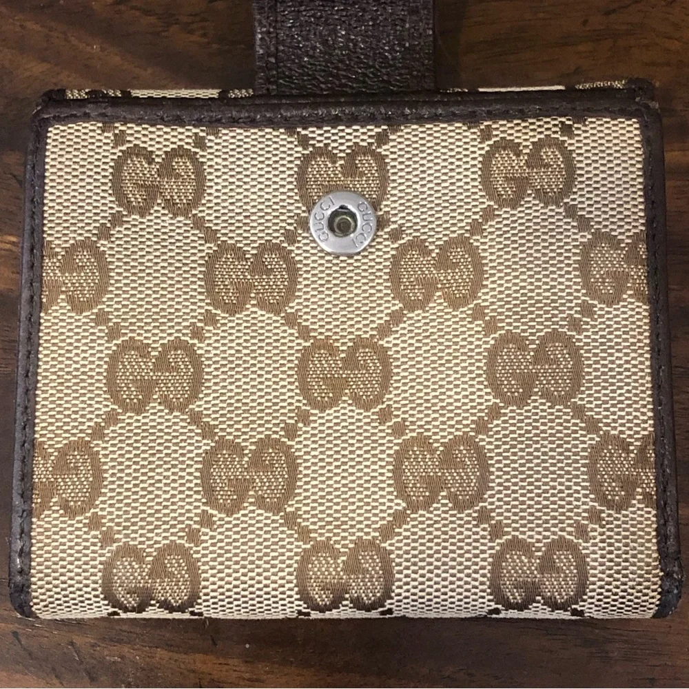 GUCCI GG Web Monogram Brown Leather Tan Canvas Trifold Wallet